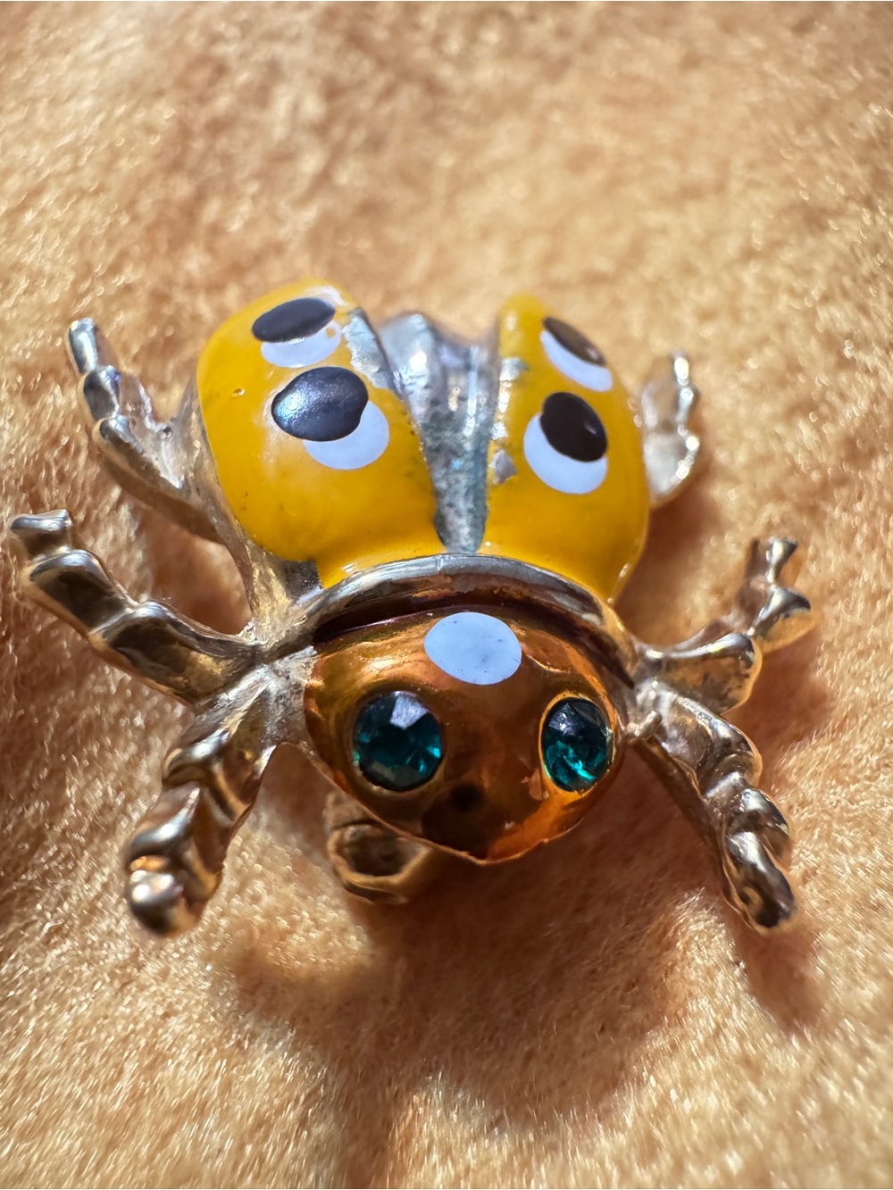 Cute Yellow Enamel Ladybug Brooch with Green Rhinestone Eyes